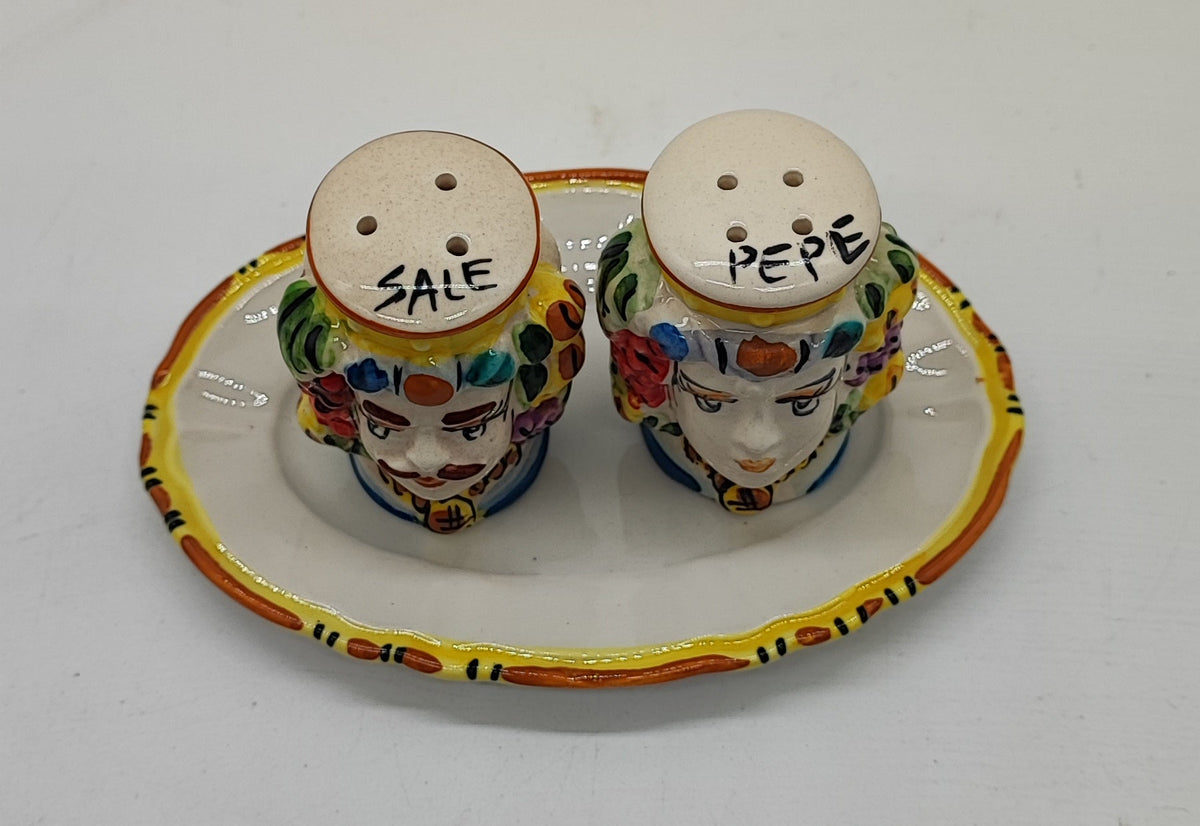 Sicilian salt and pepper set with 6 cm tall heads and a 15 cm long oval tray