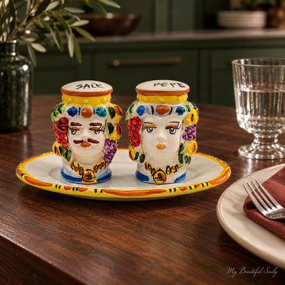 Hand-painted Sicilian ceramic salt and pepper heads on a matching oval tray