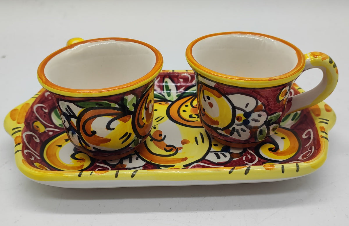 Sicilian ceramic espresso set with two 5 cm cups and 20 x 12 cm rectangular serving tray