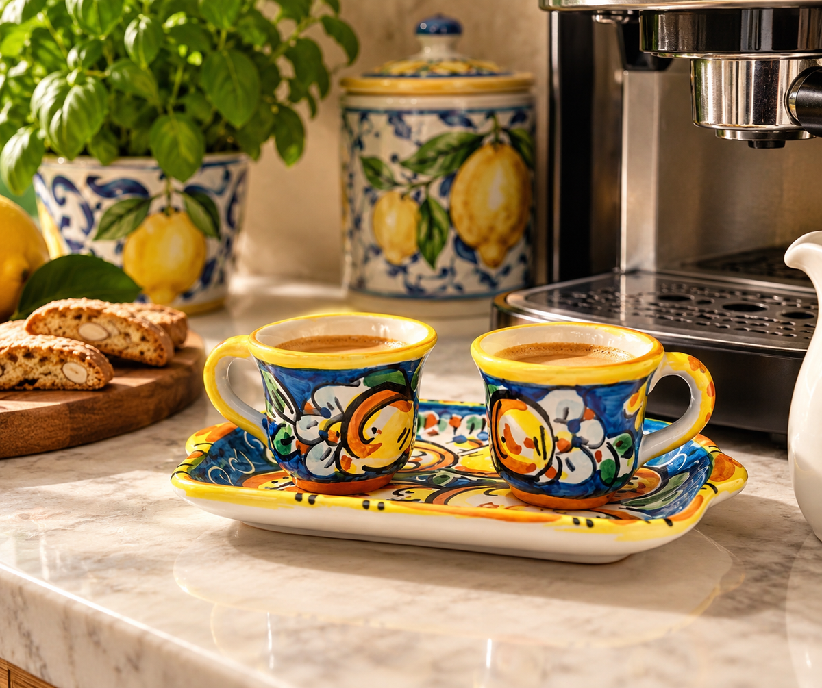 Sicilian espresso set with two 5 cm coffee cups and 20 x 12 cm ceramic tray