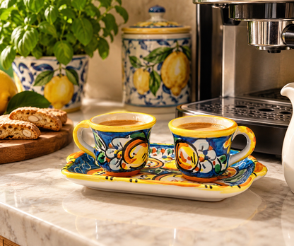Sicilian espresso set with two 5 cm coffee cups and 20 x 12 cm ceramic tray