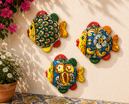 Handmade Sicilian Ceramic Fish Wall Plaque 15 x 14 cm | Ceramica di Caltagirone | Italian Wall Decor | Mediterranean Coastal Art | Made in Sicily