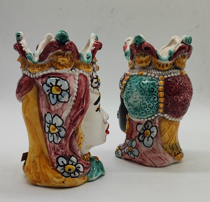 Close-up of floral motifs, raised crown details and glossy glaze on Sicilian ceramic Moorish heads.