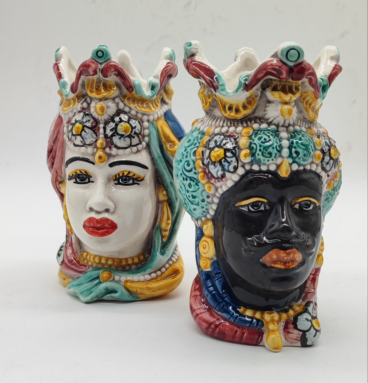 Dimensions of each Sicilian Moorish head: 14 cm (5.51 inches) high and 9.5 cm (3.74 inches) wide.