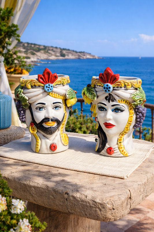 Handmade Sicilian Moorish Head Vases on Mediterranean Terrace – Ceramica di Caltagirone