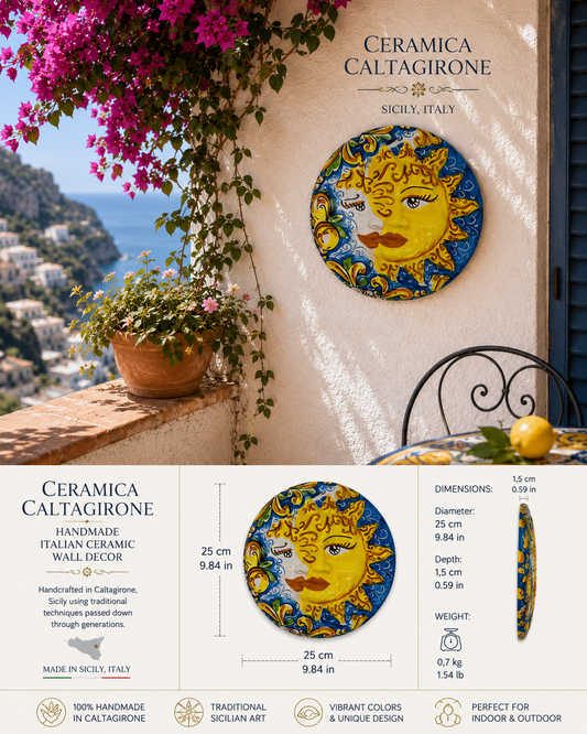 Handmade Sicilian Sun & Moon Wall Plaque 25 cm | Ceramica di Caltagirone | Italian Ceramic Wall Decor | Mediterranean Wall Art | Made in Sicily