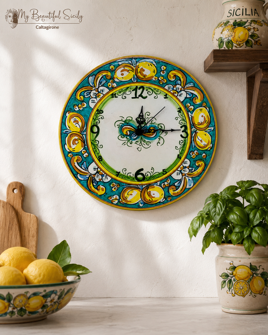 Handmade Sicilian Ceramic Wall Clock 30 cm | Lemon Wall Clock | Ceramica di Caltagirone | Italian Kitchen Decor | Mediterranean Home Gift