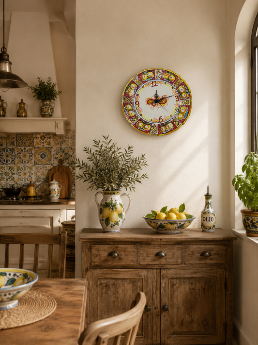Handmade Sicilian Ceramic Wall Clock 30 cm | Red Lemon Wall Clock | Ceramica di Caltagirone | Italian Kitchen Decor | Mediterranean Wall Art