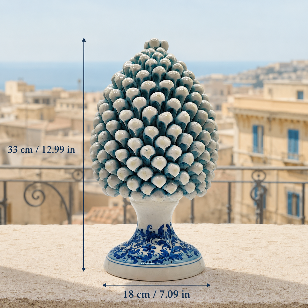Blue & White Sicilian Ceramic Pine Cone 33 cm – Handmade Italian Pigna