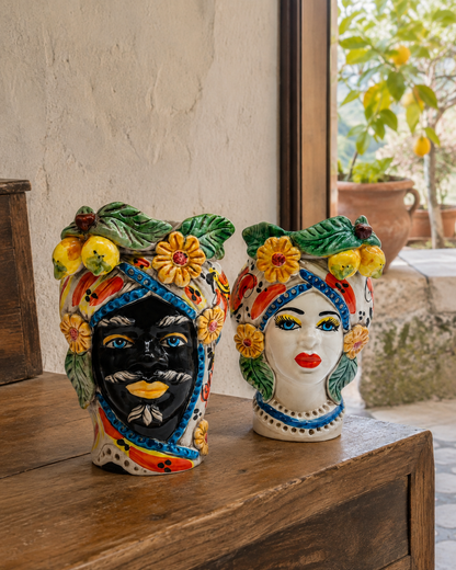 Sicilian Testa di Moro Pair – Hand-Painted Caltagirone Ceramic Head Vases