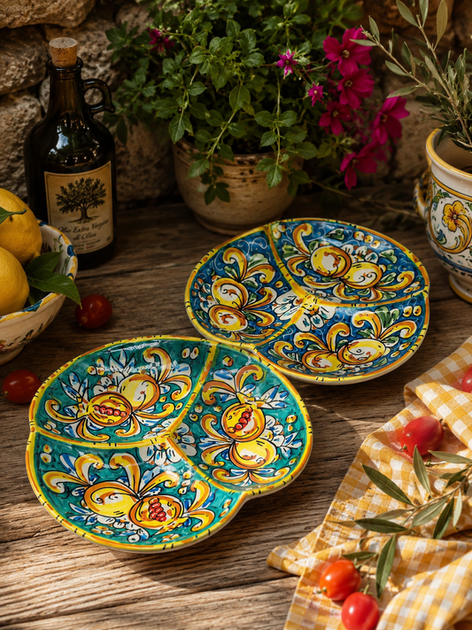Handmade Sicilian 28 cm 3-Section Ceramic Serving Bowl | Ceramica di Caltagirone | Italian Antipasti Bowl | Olive & Snack Serving Dish | Made in Sicily