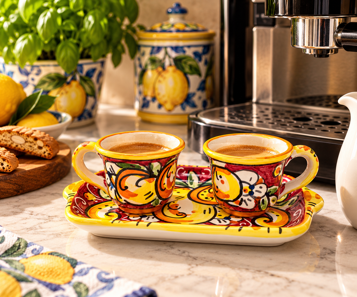 Sicilian ceramic espresso set with two 5 cm cups and 20 x 12 cm rectangular serving tray