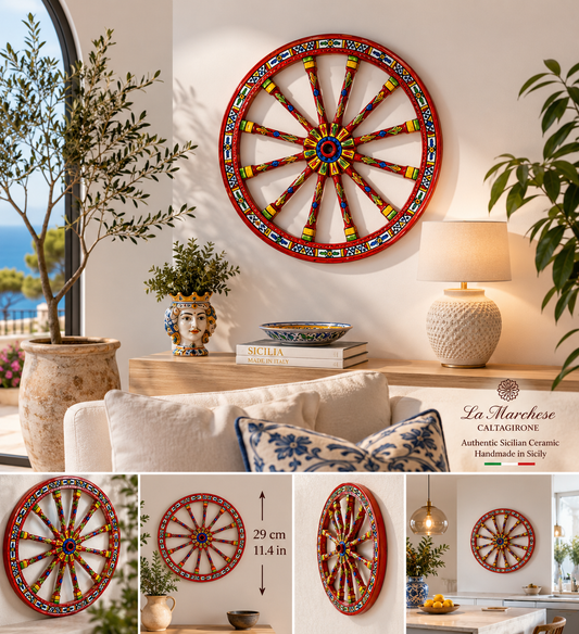 Handmade Sicilian Cart Wheel Wall Decor 30 cm | Ceramica di Caltagirone | Italian Ceramic Wall Art | Traditional Sicilian Wagon Wheel