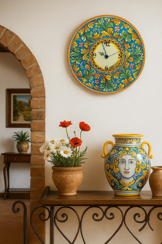 Handcrafted Ceramic Caltagirone Clock in Baroque Style