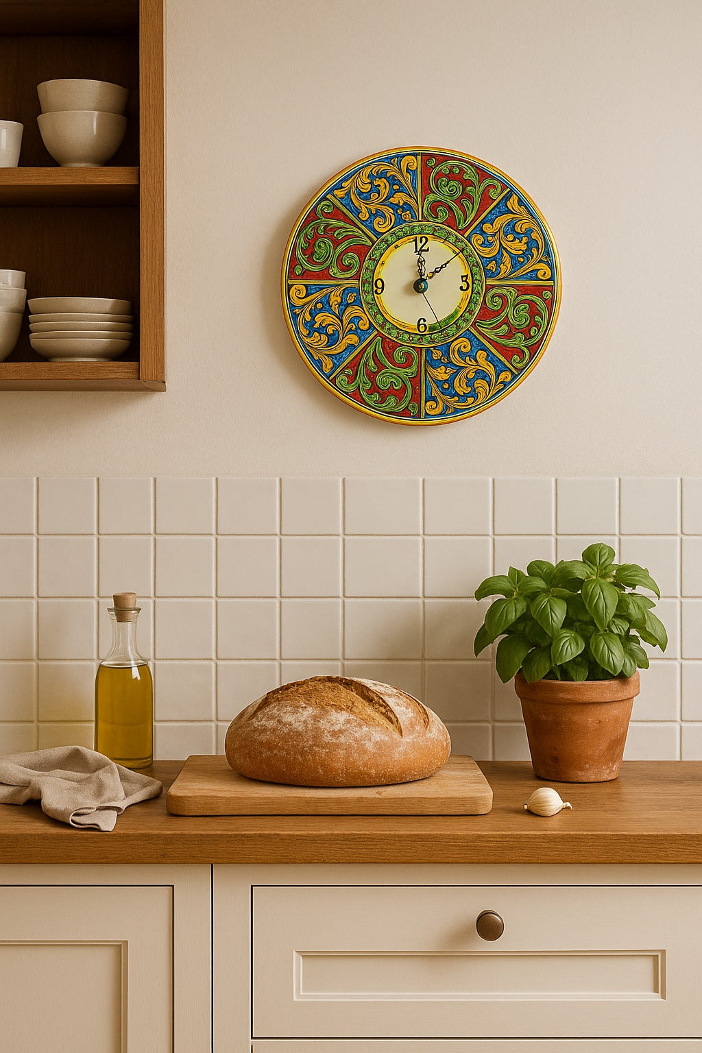 Orologio artigianale in ceramica di Caltagirone in stile barocco