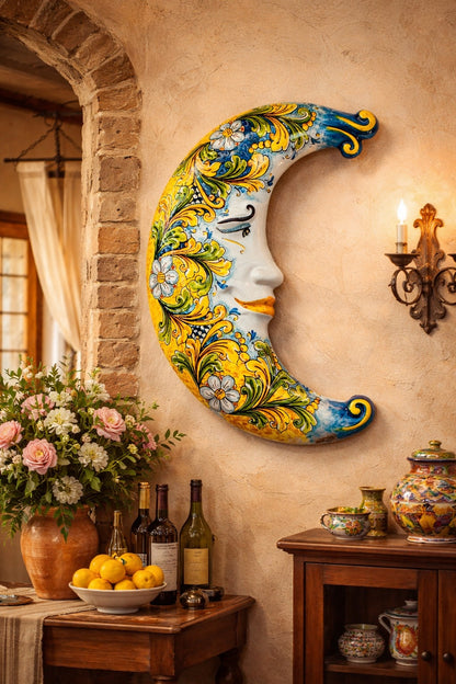 Handmade Caltagirone Ceramic Moon Wall Art: Sicilian Baroque Design
