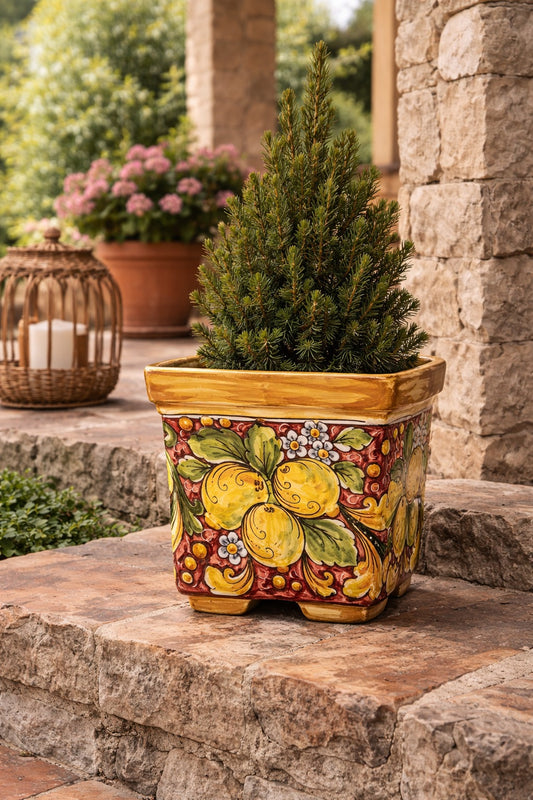 Ceramica di Caltagirone Square Planter 22cm (8.66") – Handcrafted Sicilian Ceramic with Various Decorations