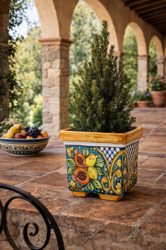 Ceramica di Caltagirone Square Planter 22cm (8.66") – Handcrafted Sicilian Ceramic with Various Decorations