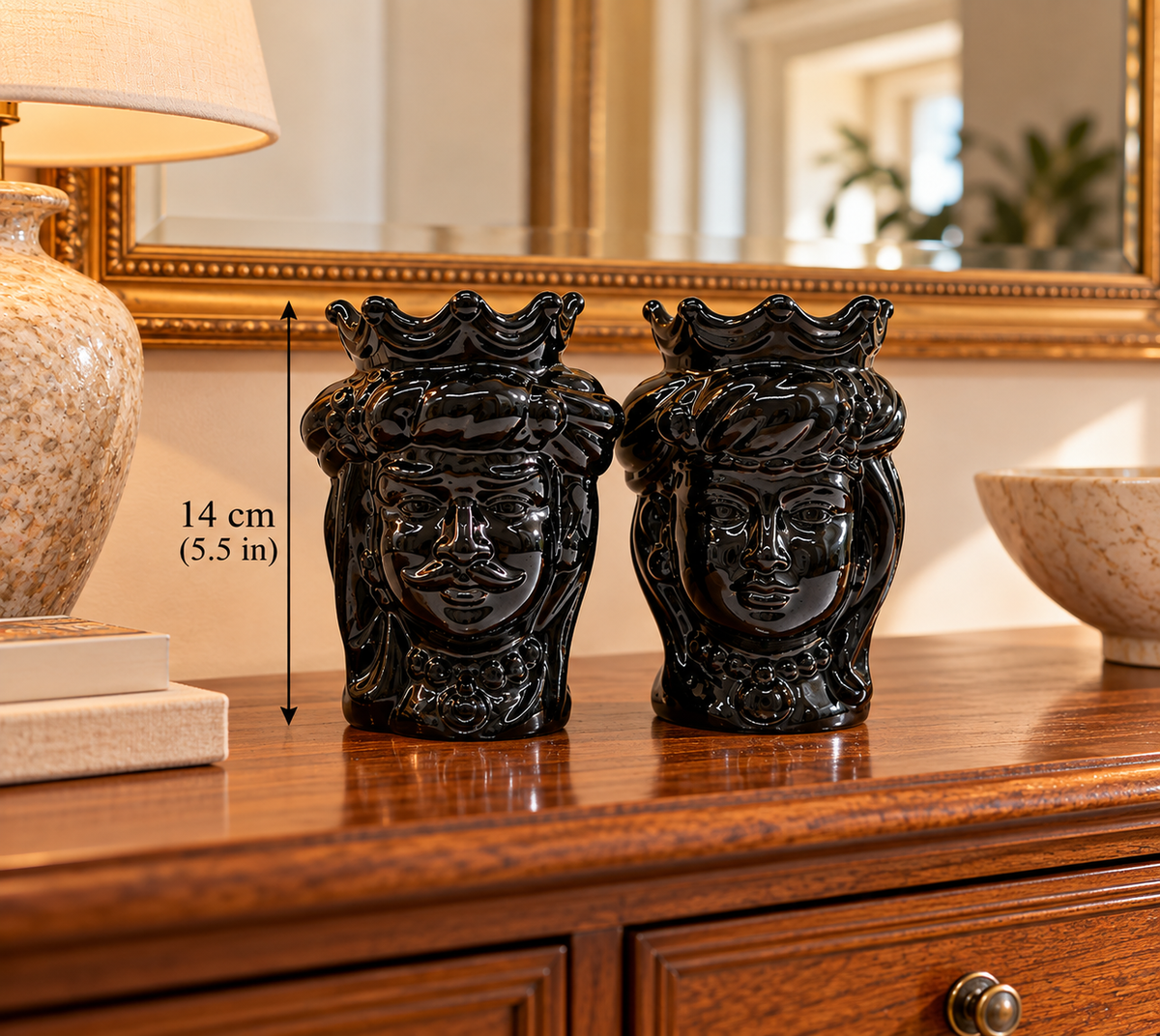 Handmade black ceramic Moorish Heads set of two, each measuring 14 cm or 5.5 inches tall.