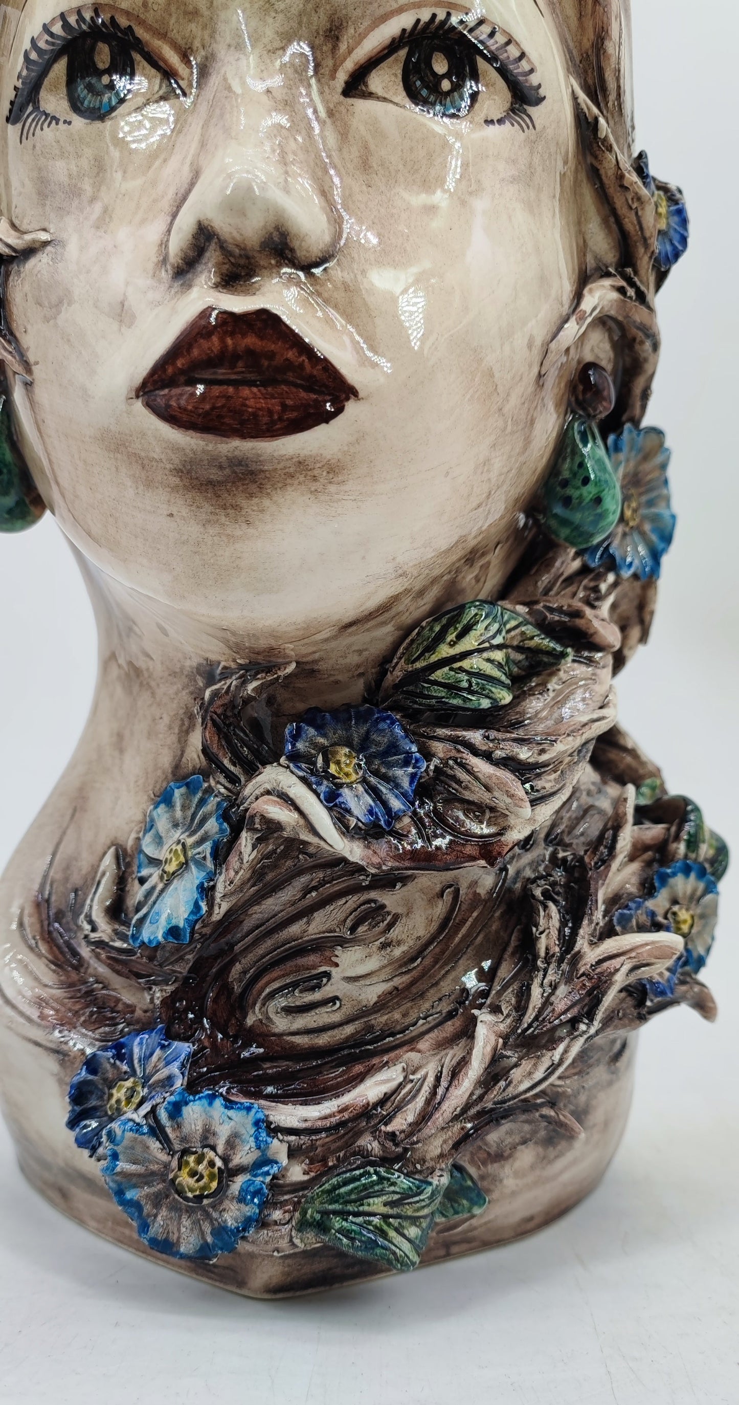 Sicilian Female Head Vase 38 cm – Handmade Floral Testa di Moro with Blue Flowers
