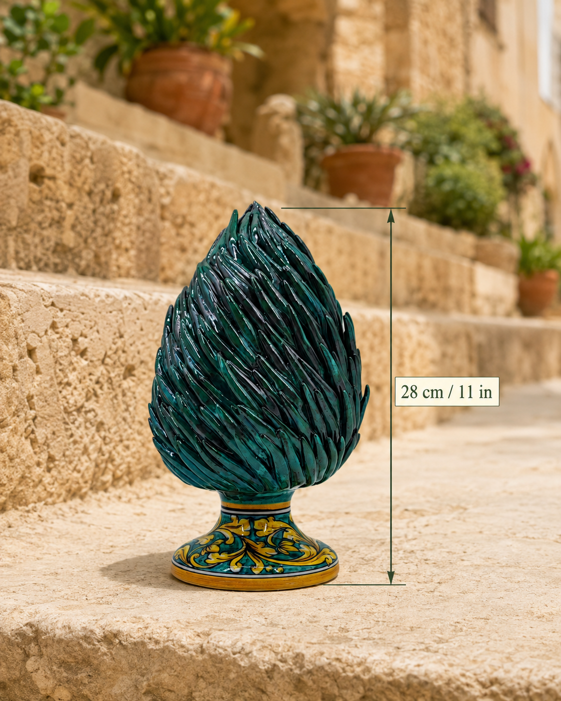 Emerald Green Sicilian Ceramic Pine Cone 28 cm – Hand-Painted Caltagirone Pigna