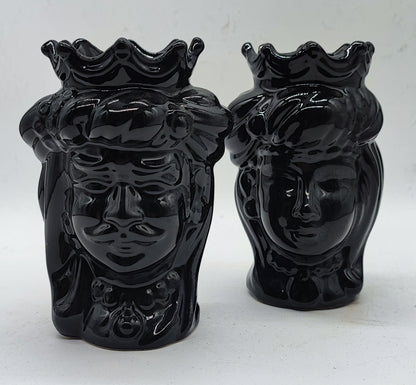 T: Front view of a glossy black Sicilian ceramic Moorish Head couple featuring a crowned man and woman, handmade in Italy.