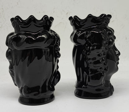 Back view of a handcrafted black Sicilian ceramic Moorish head vase