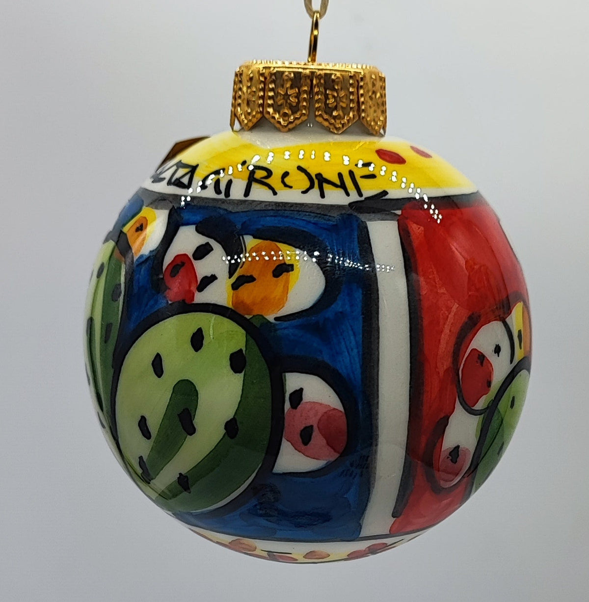 Hand-painted blue Sicilian ceramic ornament with cactus decoration