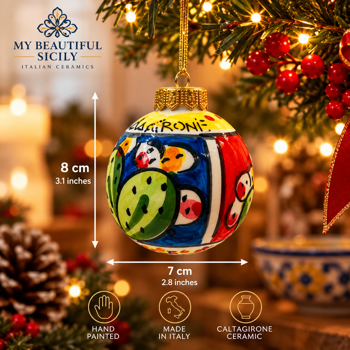 Blue and multicolor Caltagirone Christmas bauble with measurements