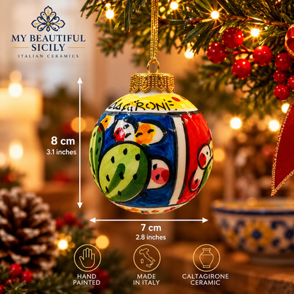 Blue and multicolor Caltagirone Christmas bauble with measurements