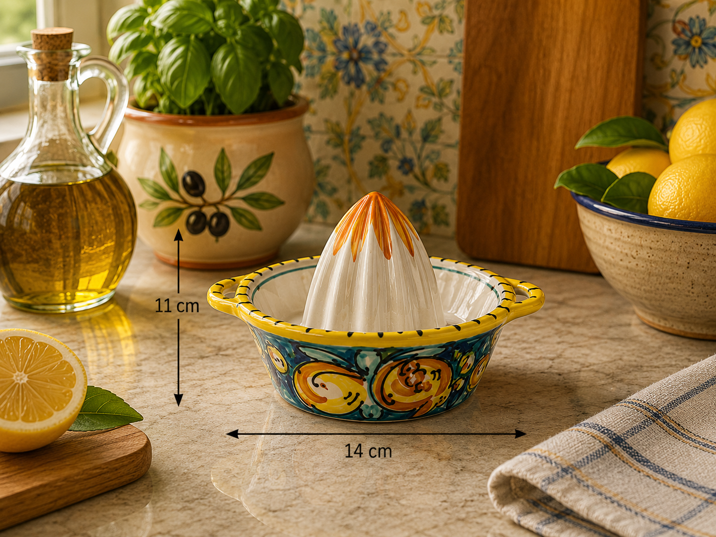 Blue Sicilian ceramic lemon squeezer handmade and hand-painted with Mediterranean fruit motifs