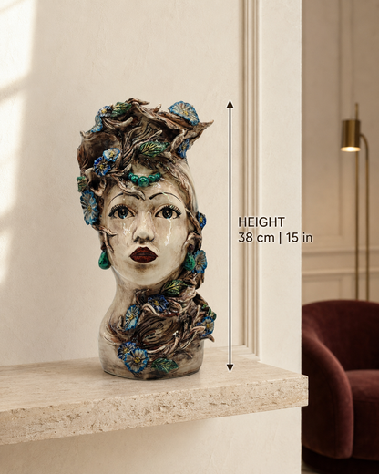 Sicilian Female Head Vase 38 cm – Handmade Floral Testa di Moro with Blue Flowers
