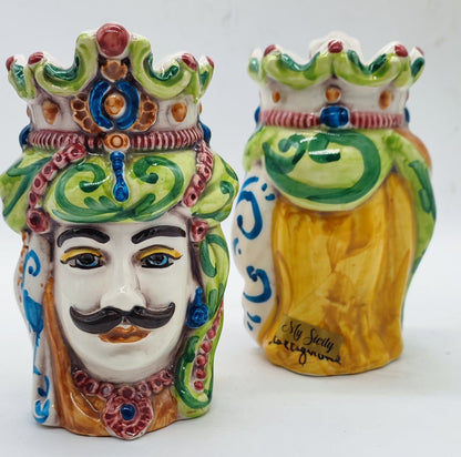Sicilian Moorish Head ceramic king and queen vases showing colorful hand-painted details and artisan decoration from the back.