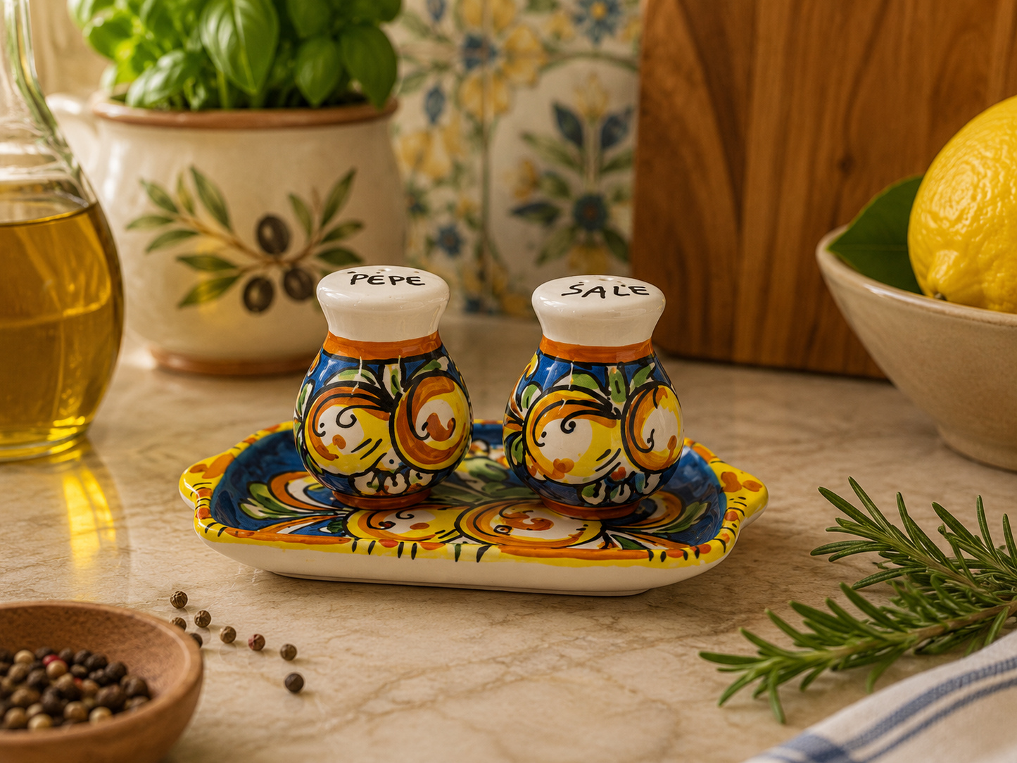 Caltagirone-style ceramic salt and pepper set displayed in a bright Mediterranean kitchen