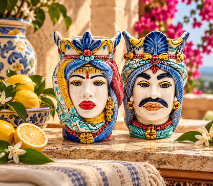 Caltagirone style Teste di Moro ceramic pair hand decorated in Sicily