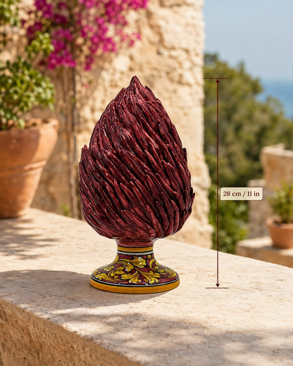 Handmade Sicilian Ceramic Pine Cone 28 cm – Burgundy Caltagirone Pigna