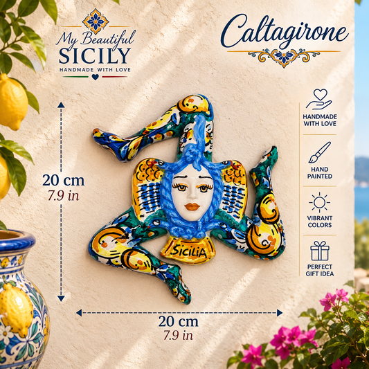 Handmade Ceramic Trinacria Wall Decor 18 cm – Ceramica di Caltagirone – Sicilian Wall Art – Made in Sicily – Italian Home Decor