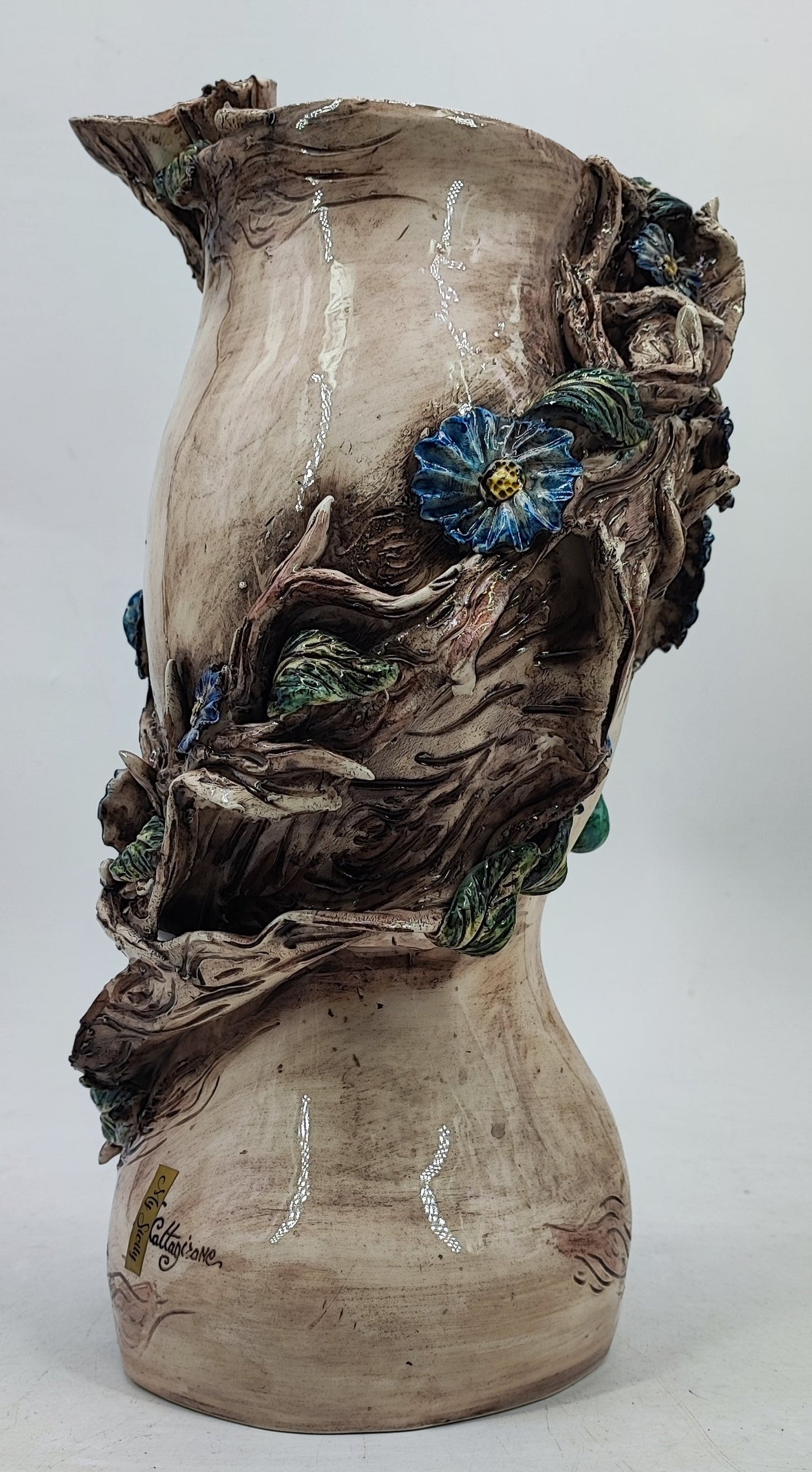 Sicilian Female Head Vase 38 cm – Handmade Floral Testa di Moro with Blue Flowers