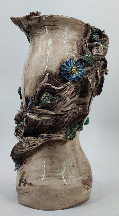 Sicilian Female Head Vase 38 cm – Handmade Floral Testa di Moro with Blue Flowers