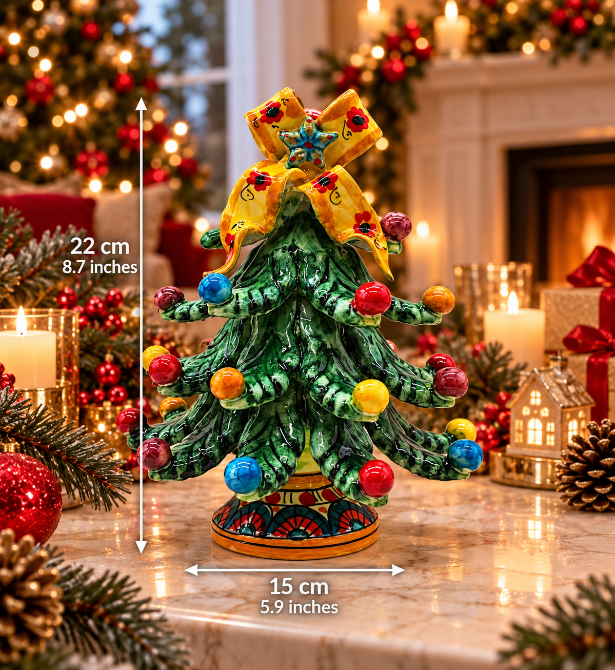 Sicilian ceramic Christmas tree displayed in a festive living room with candles and Christmas decorations.