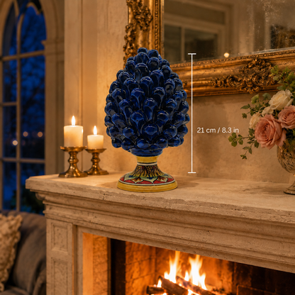 Cobalt blue handmade Sicilian ceramic pine cone with a colorful floral pedestal, 21 cm tall