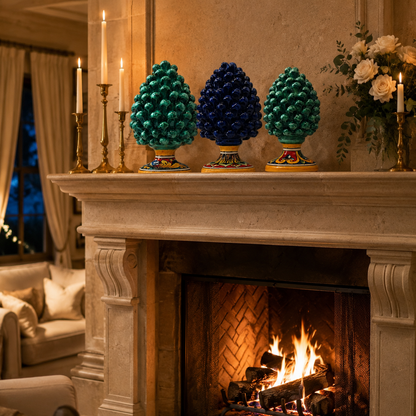Emerald green handmade Sicilian ceramic pine cone with a colorful ornamental pedestal, 21 cm tall