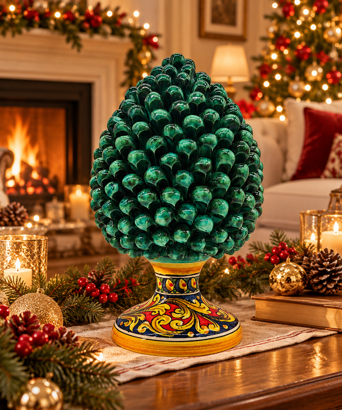 Emerald green Sicilian ceramic pine cone with colorful hand-painted Caltagirone majolica pedestal displayed in an elegant living room.