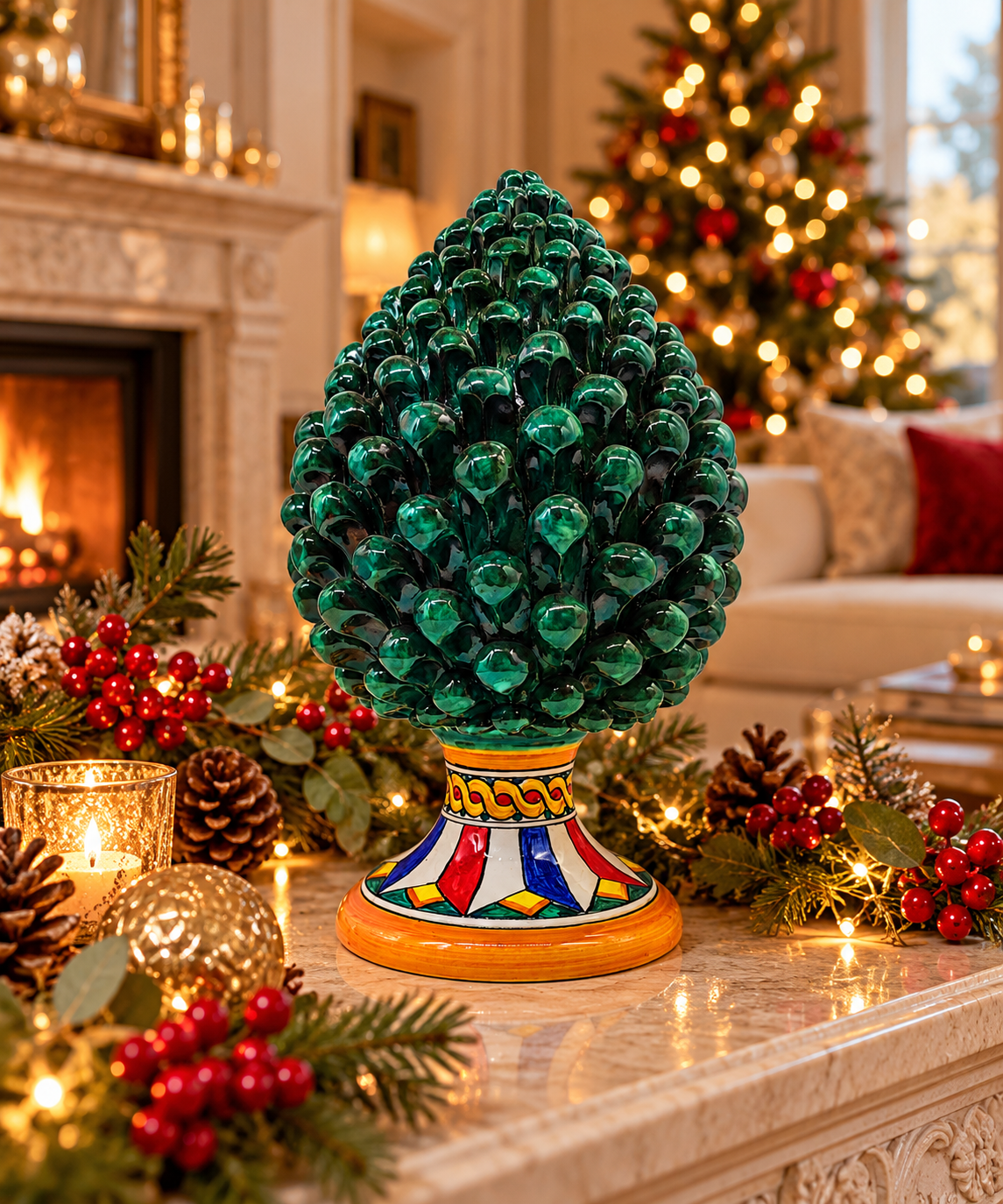Handmade emerald green Sicilian ceramic pine cone with colorful geometric Caltagirone majolica pedestal, displayed in an elegant living room.