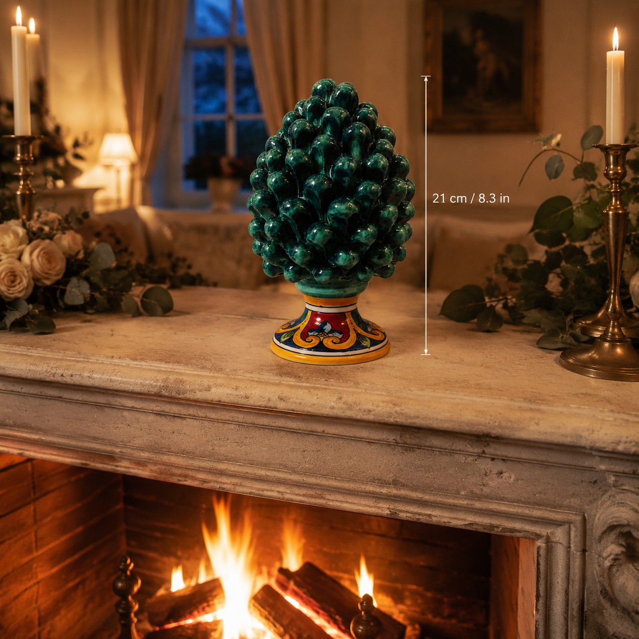 Emerald green Sicilian ceramic pine cone displayed on a wooden dresser in an American country home