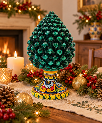 Emerald green Sicilian ceramic pine cone with colorful Caltagirone majolica base displayed in an elegant living room.