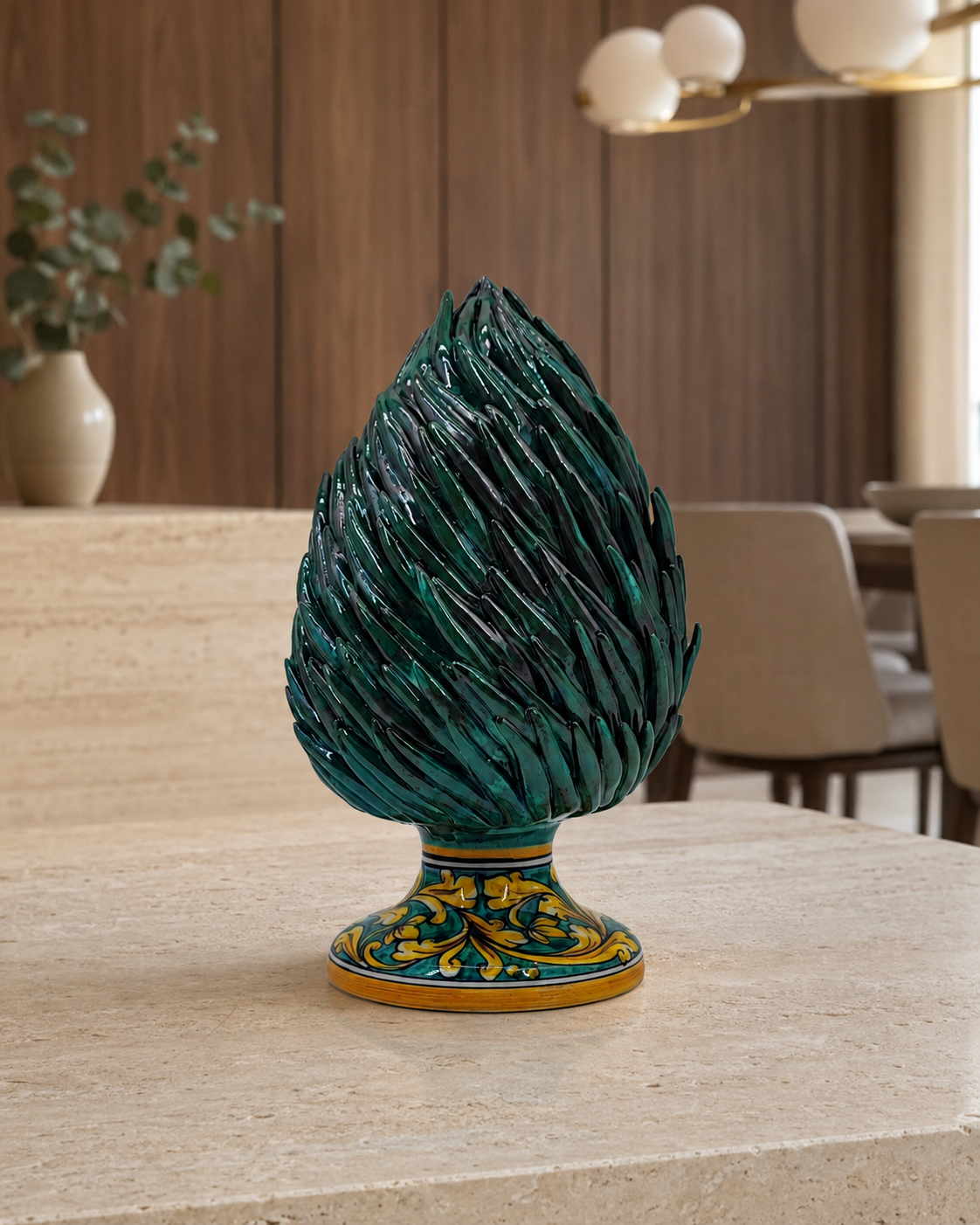 Emerald Green Sicilian Ceramic Pine Cone 28 cm – Hand-Painted Caltagirone Pigna