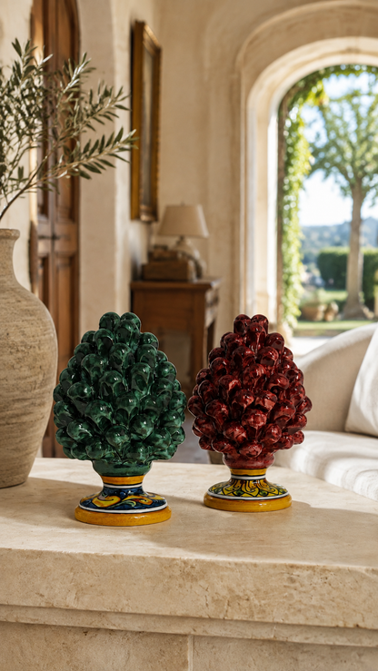Handmade Sicilian Ceramic Pine Cone 17 cm – Emerald Green or Burgundy