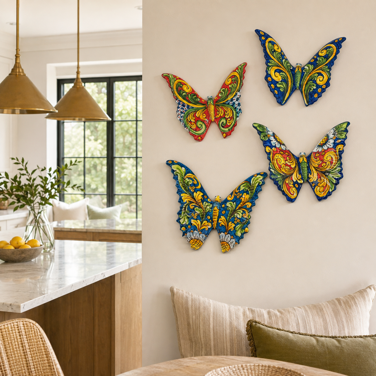 Four hand-painted Sicilian ceramic butterflies displayed in a modern kitchen