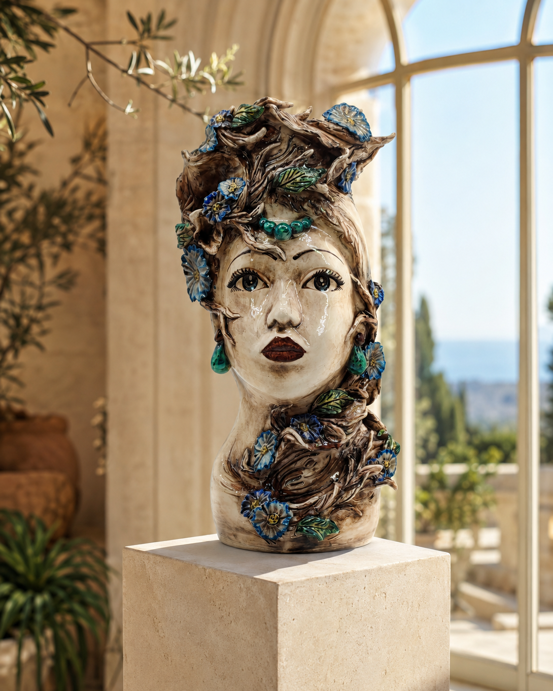 Sicilian Female Head Vase 38 cm – Handmade Floral Testa di Moro with Blue Flowers